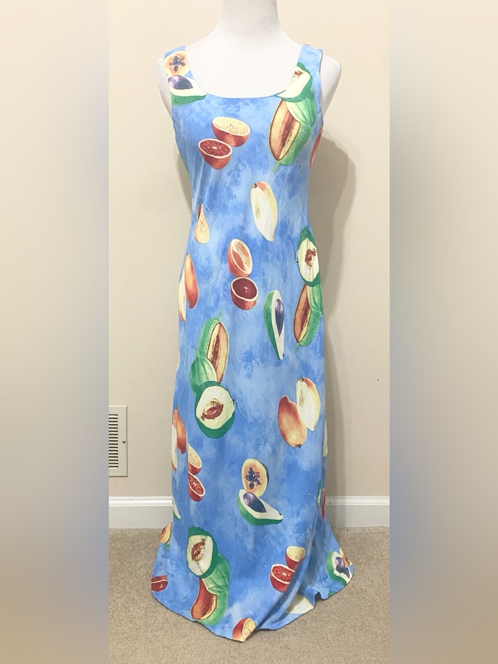 Vintage Jessica Howard Petite Square Neck Blue Fruit Print Maxi Dress